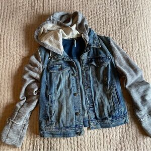 Free People Denim Jacket with Gray Sleeves and Hood - Size M